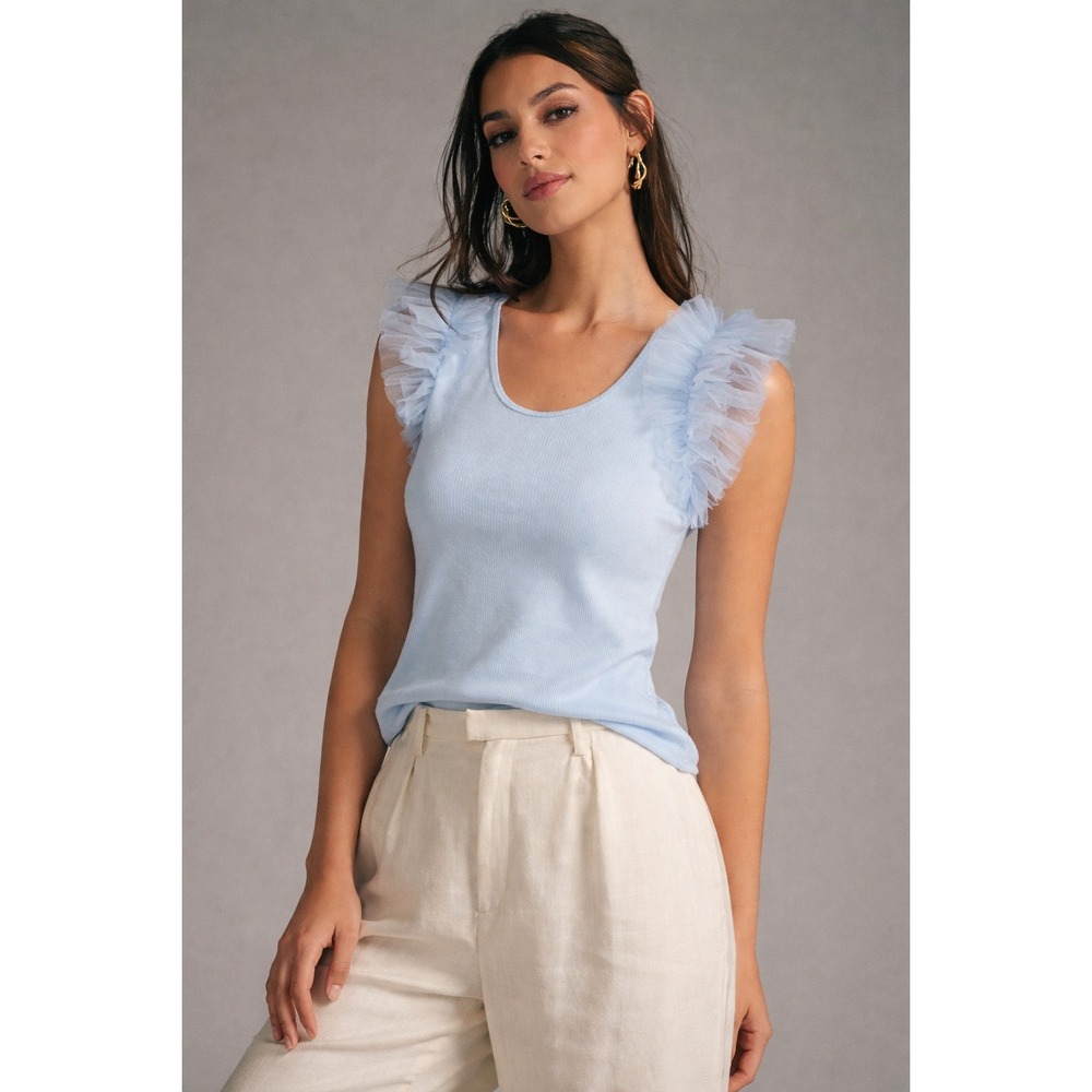 Dolan Blue Ribbed Tulle Ruffle Sleeve Top Size XL Romantic Whimsical Feminine